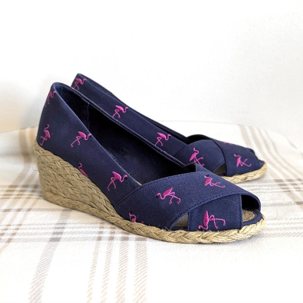 Ralph Lauren Navy Canvas Wedges with Pink Flamingo Embroidery